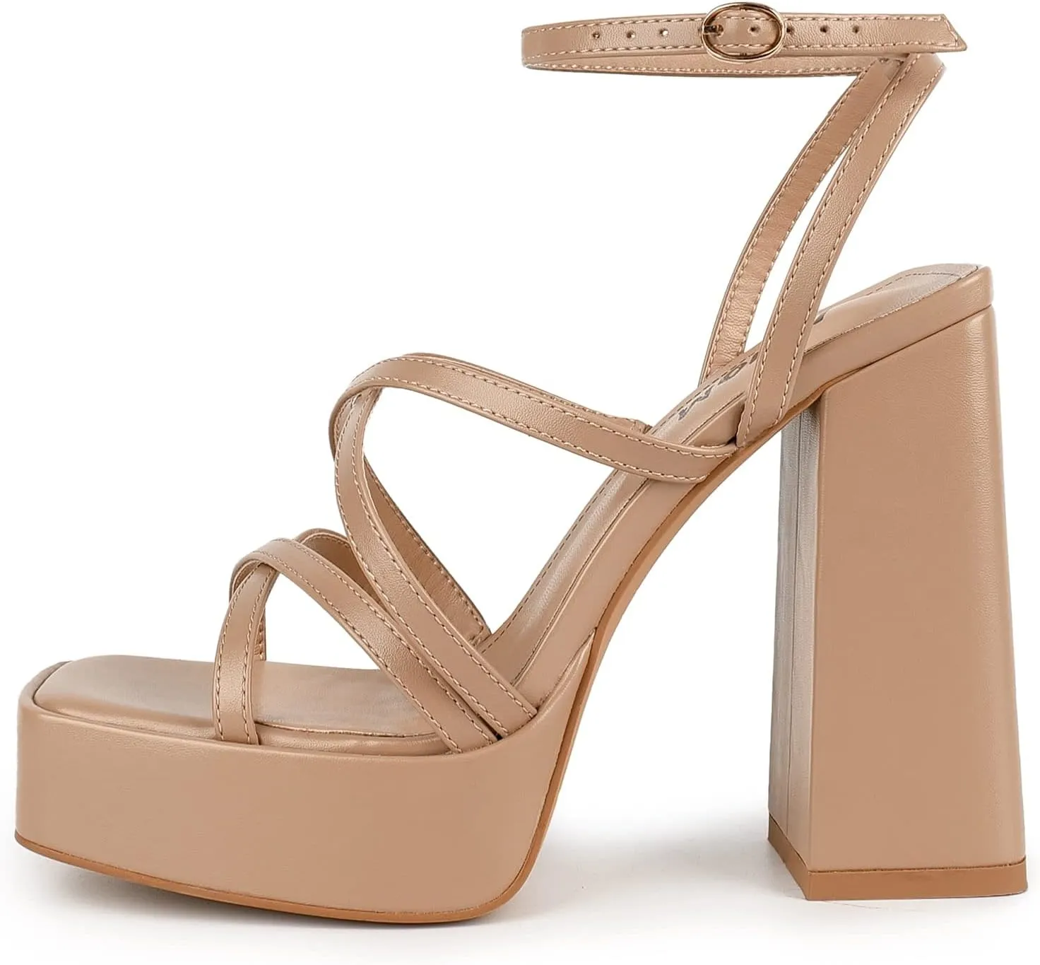 ISNOM Platform Chunky Heels for Women, Block Heel Sandals with Open Square Toe and Ankle Strap