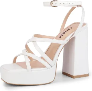 ISNOM Platform Chunky Heels for Women, Block Heel Sandals with Open Square Toe and Ankle Strap