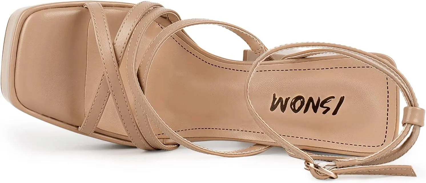 ISNOM Platform Chunky Heels for Women, Block Heel Sandals with Open Square Toe and Ankle Strap