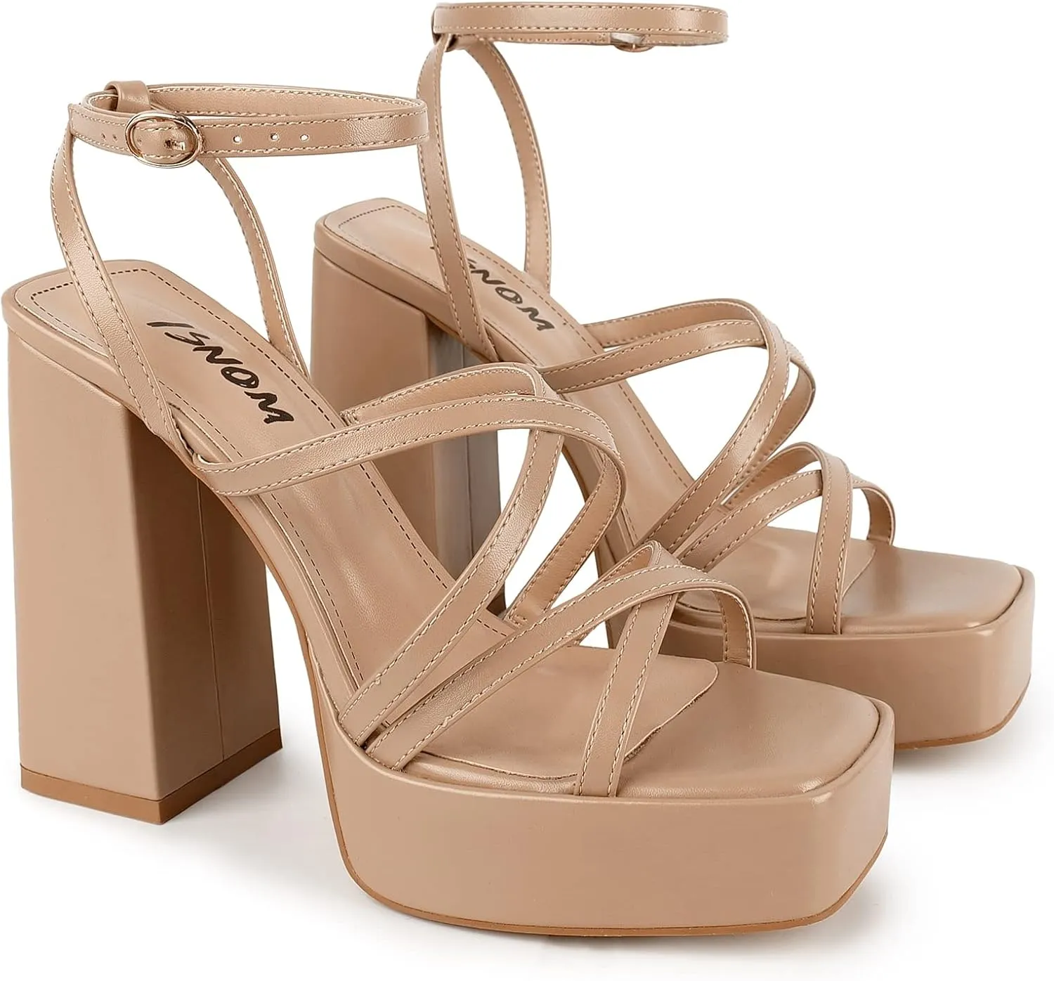 ISNOM Platform Chunky Heels for Women, Block Heel Sandals with Open Square Toe and Ankle Strap