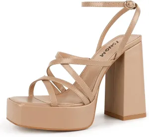 ISNOM Platform Chunky Heels for Women, Block Heel Sandals with Open Square Toe and Ankle Strap