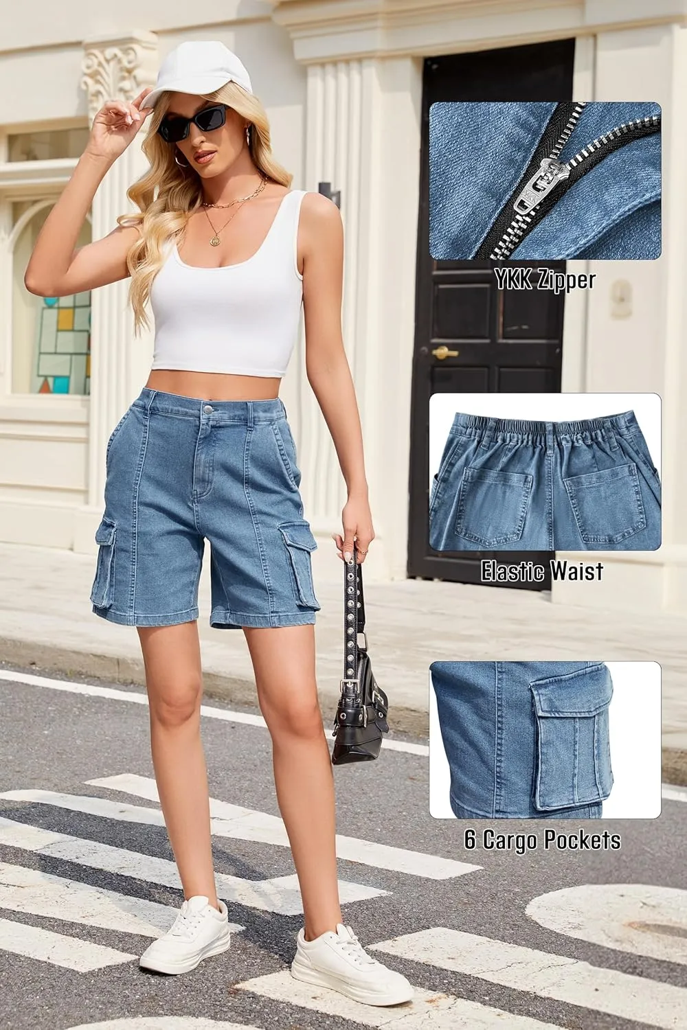 IVIR Bermuda Cargo Shorts for Women Knee Length 6 Pockets Elastic Waist Long Shorts for Summer Casual