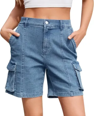 IVIR Bermuda Cargo Shorts for Women Knee Length 6 Pockets Elastic Waist Long Shorts for Summer Casual