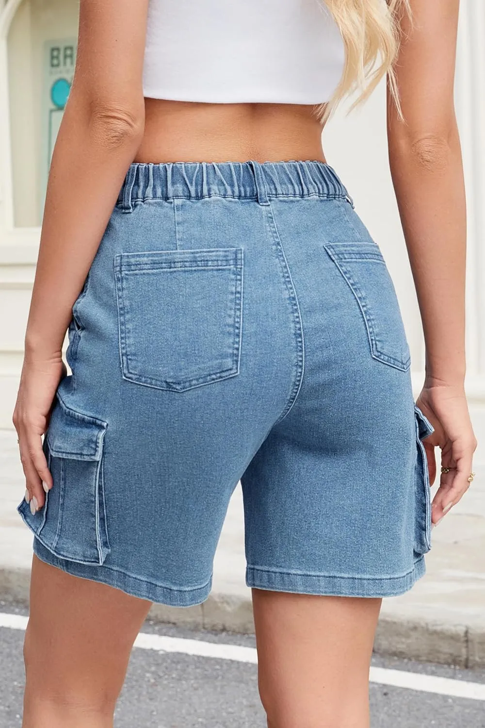 IVIR Bermuda Cargo Shorts for Women Knee Length 6 Pockets Elastic Waist Long Shorts for Summer Casual