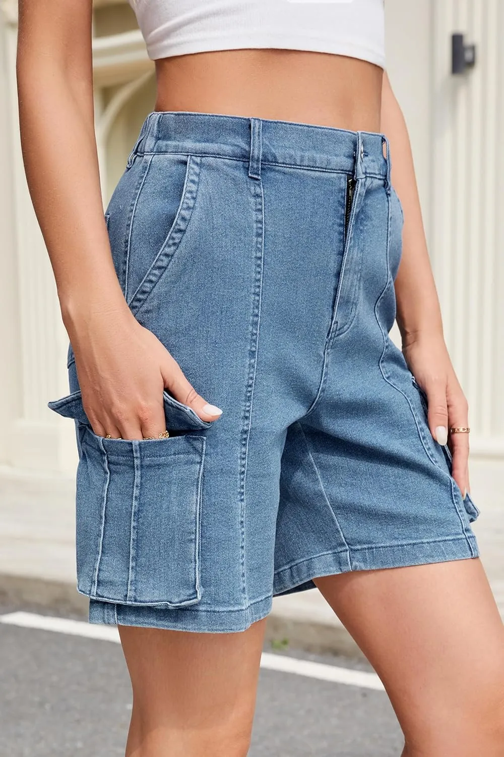 IVIR Bermuda Cargo Shorts for Women Knee Length 6 Pockets Elastic Waist Long Shorts for Summer Casual