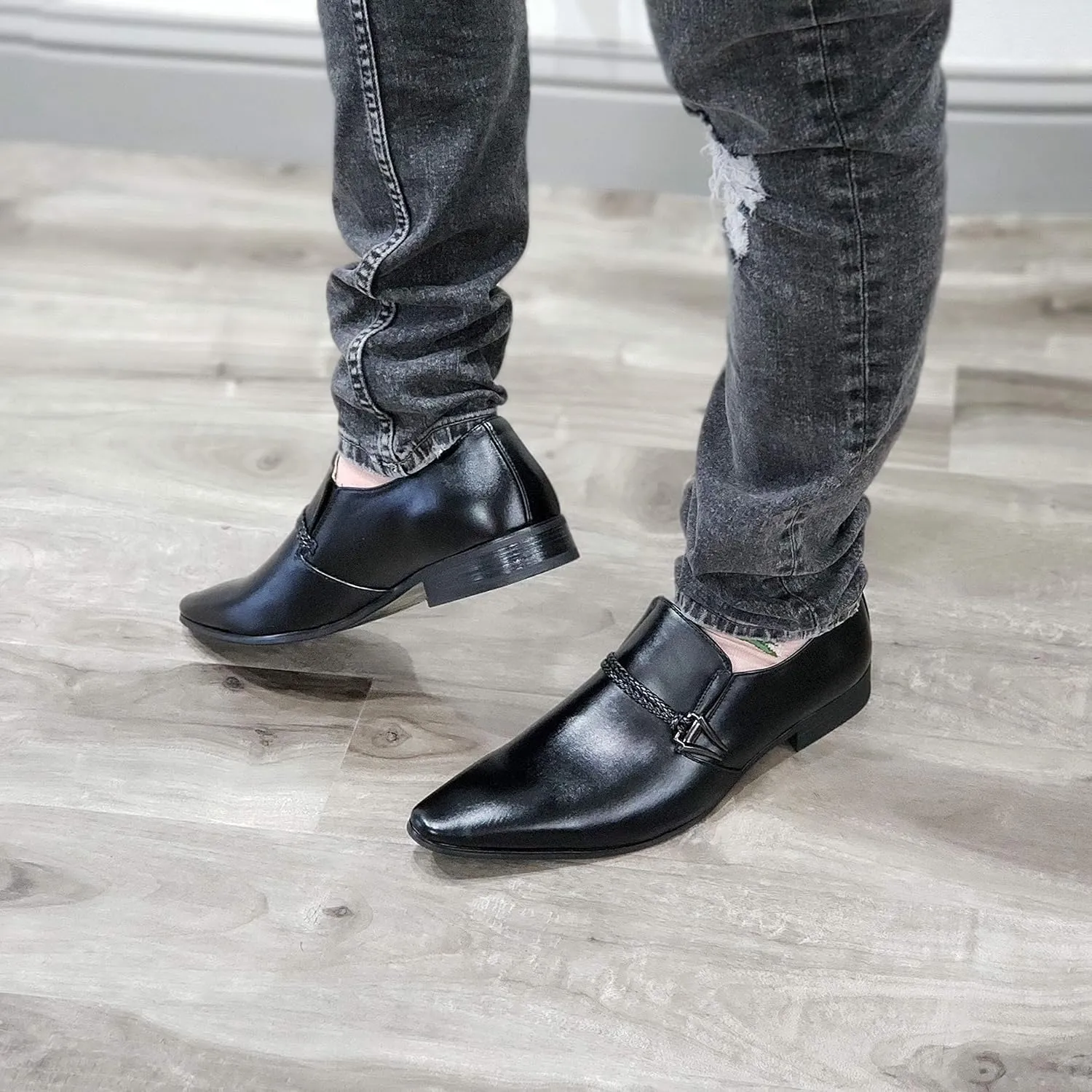 Jazame Men's 98105 Urban Pointed Toe Slip On Belted Loafers Dress Shoes