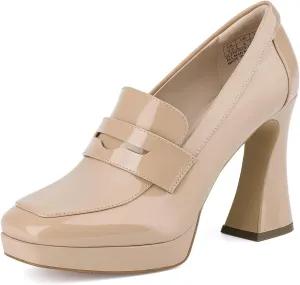 JENN ARDOR Women's Platform Loafer Heels Square Closed Toe Chunky Block High Penny Loafers Pumps Elegant Comfort Casual Slip On Wedding Dress Shoes