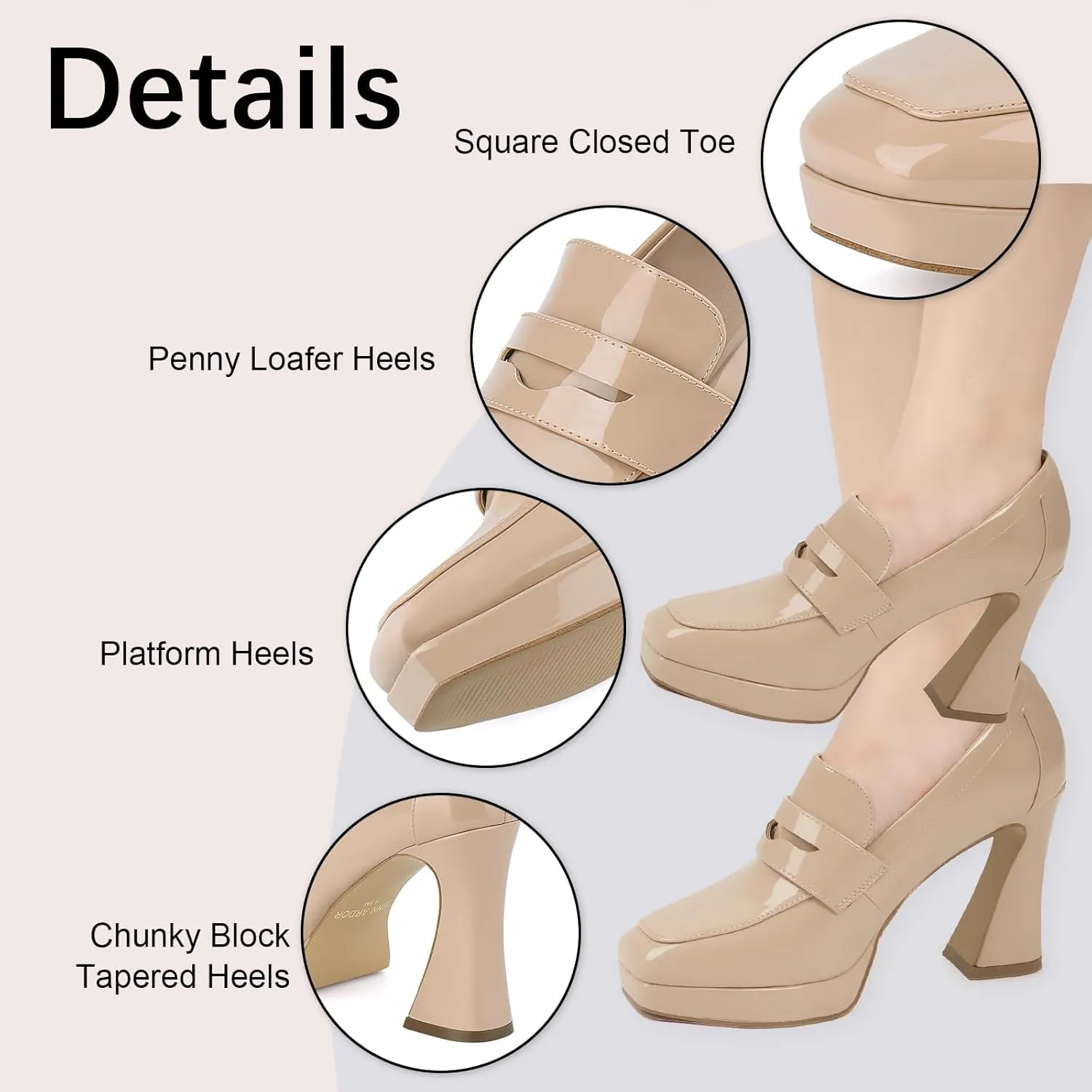 JENN ARDOR Women's Platform Loafer Heels Square Closed Toe Chunky Block High Penny Loafers Pumps Elegant Comfort Casual Slip On Wedding Dress Shoes