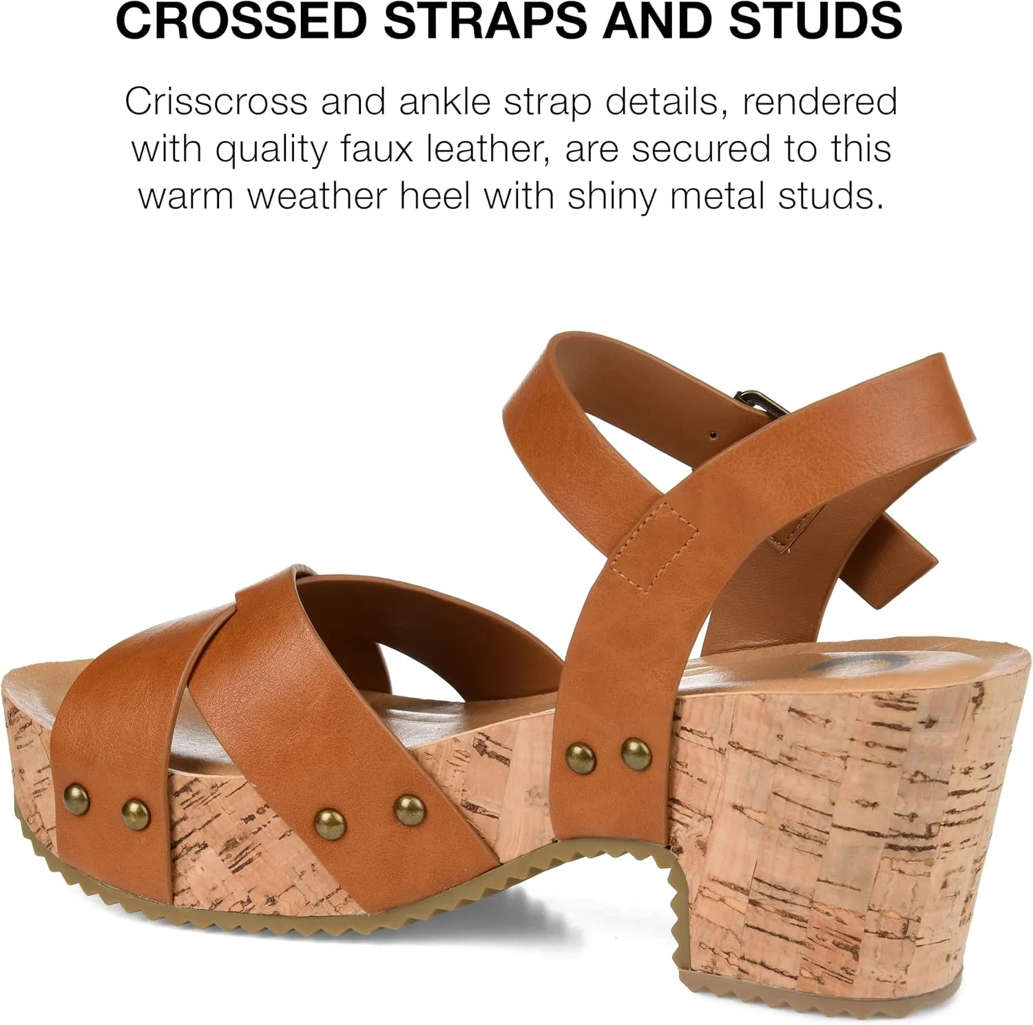 Journee Womens Crisscross Studded Chunky Block Cork Heel Buckle Ankle Strap Open Round Toe Valentina Platform