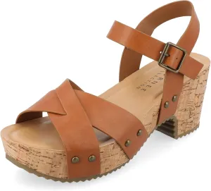 Journee Womens Crisscross Studded Chunky Block Cork Heel Buckle Ankle Strap Open Round Toe Valentina Platform