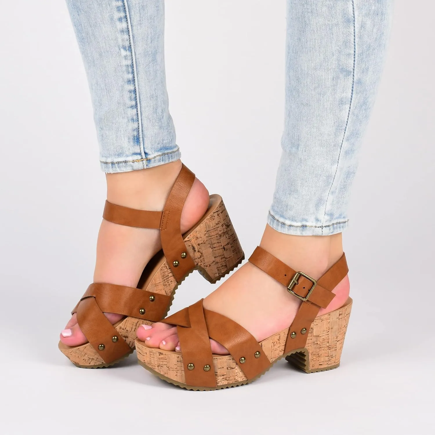 Journee Womens Crisscross Studded Chunky Block Cork Heel Buckle Ankle Strap Open Round Toe Valentina Platform