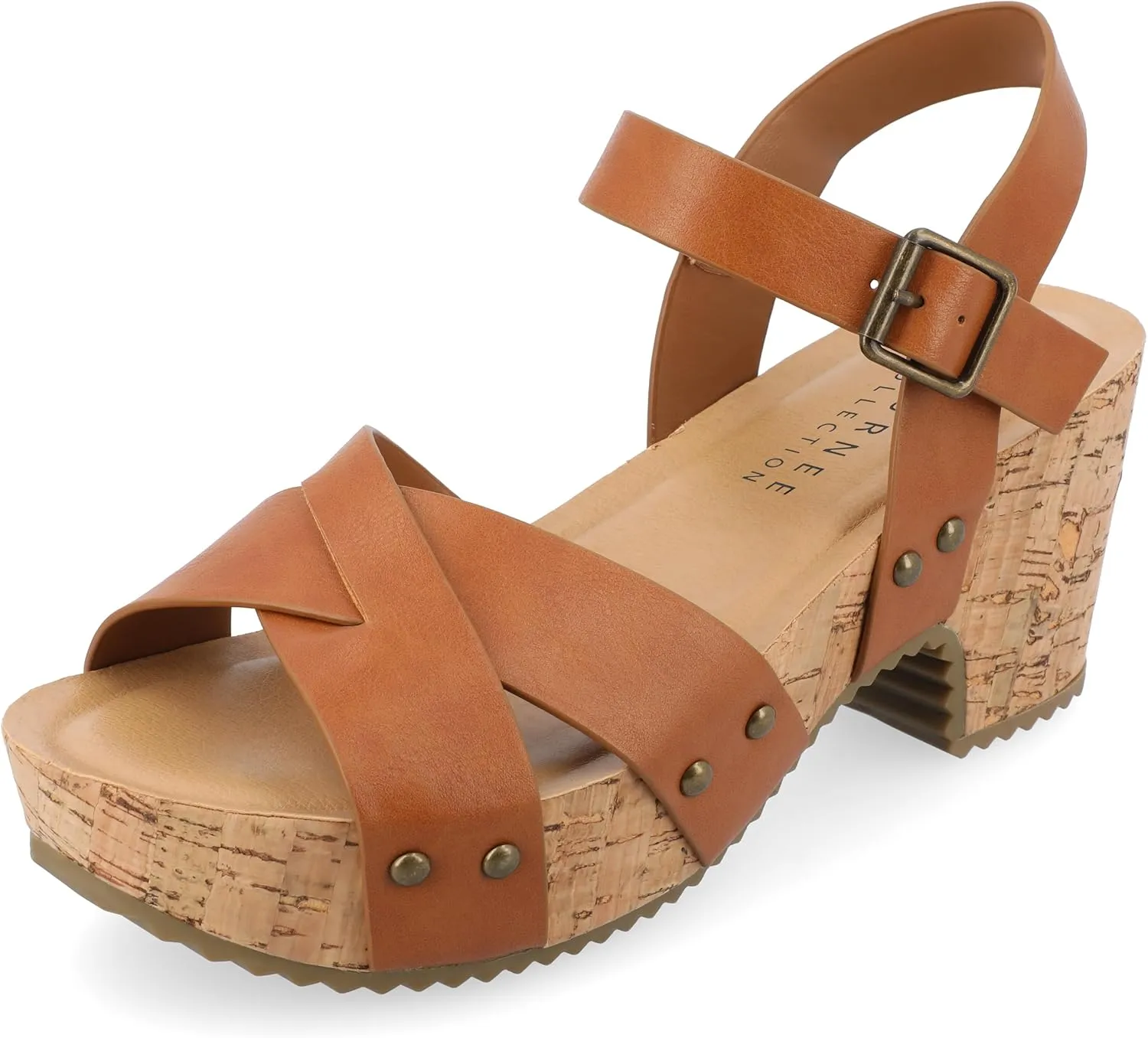Journee Womens Crisscross Studded Chunky Block Cork Heel Buckle Ankle Strap Open Round Toe Valentina Platform