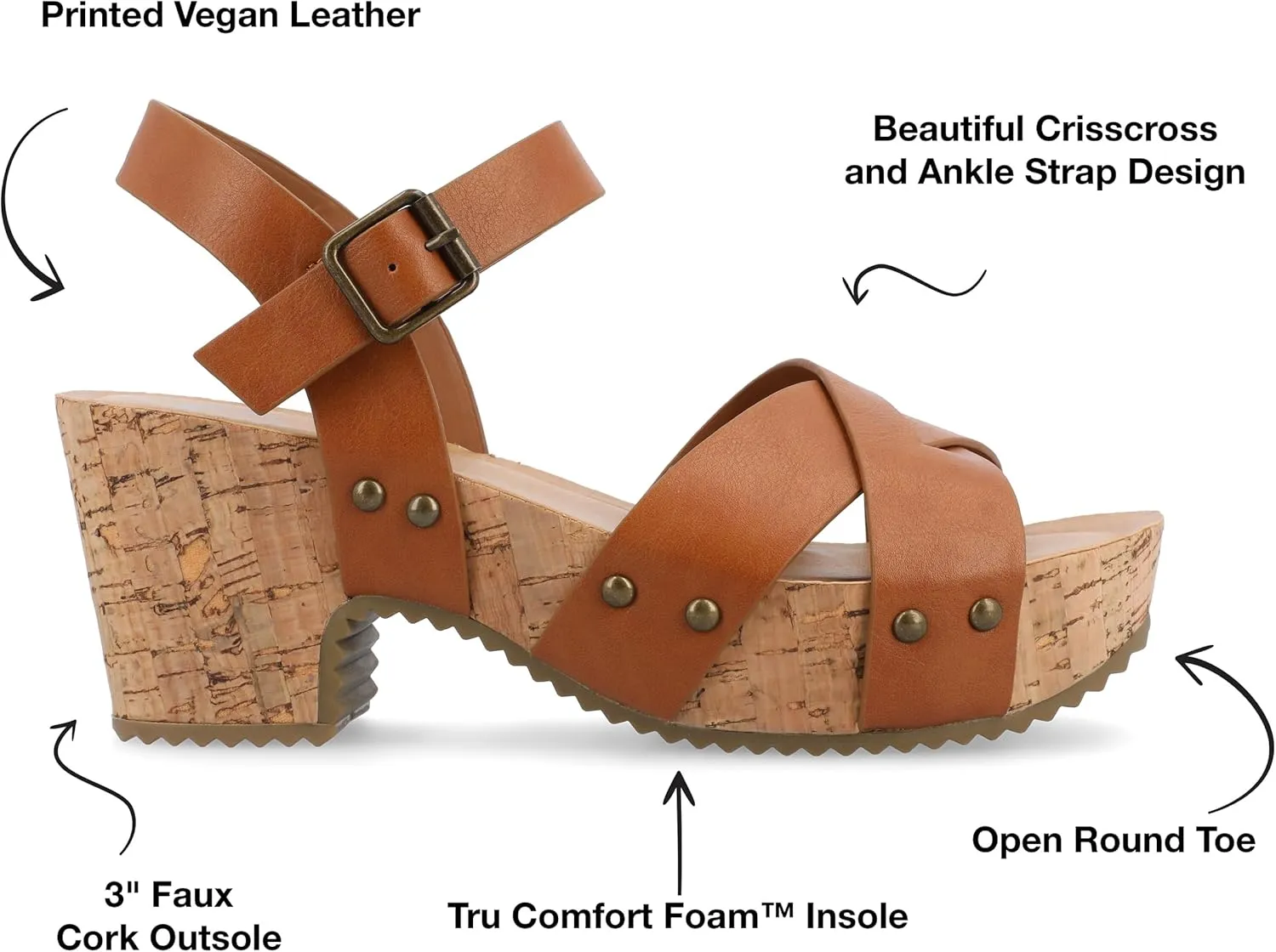 Journee Womens Crisscross Studded Chunky Block Cork Heel Buckle Ankle Strap Open Round Toe Valentina Platform