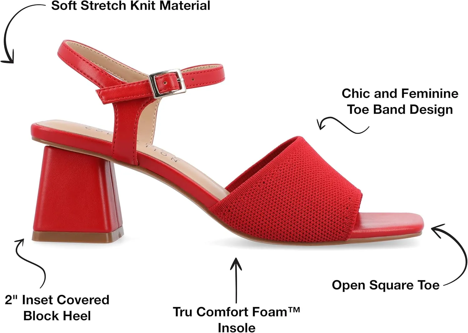 Journee Womens Knit Buckle Ankle Strap Covered Block Heel Open Square Toe Evylinn Comfort Foam Sandals