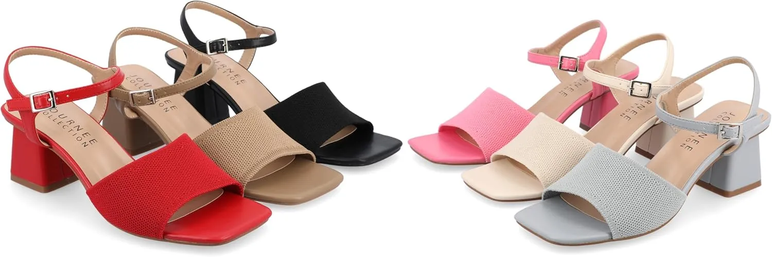 Journee Womens Knit Buckle Ankle Strap Covered Block Heel Open Square Toe Evylinn Comfort Foam Sandals