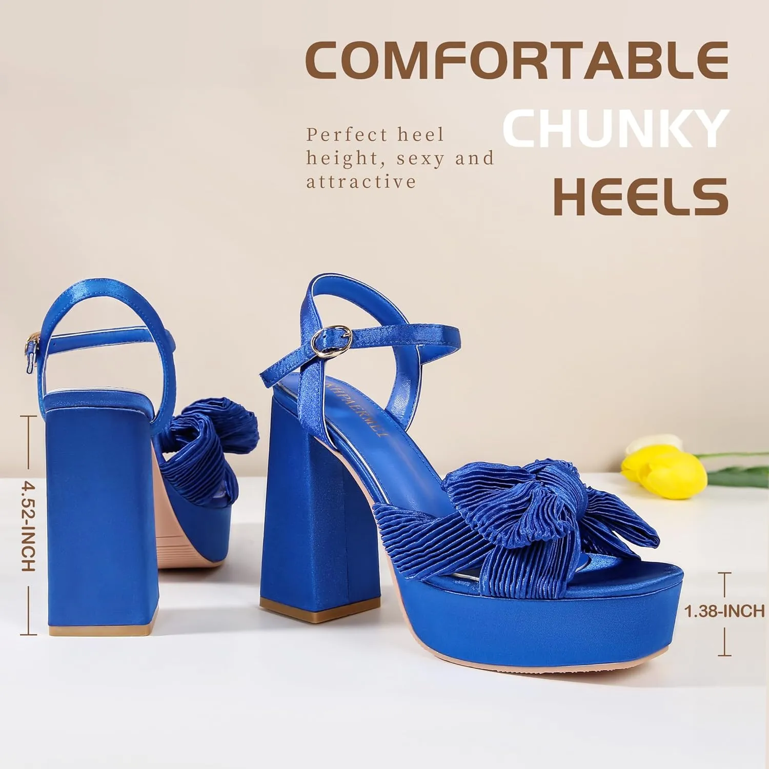 KHPAERMEI Bow Knot Platform Heels for Women Fashion Open Toe Chunky Heeled Sandals Ankle Strap Wedding Party Dress High Heels