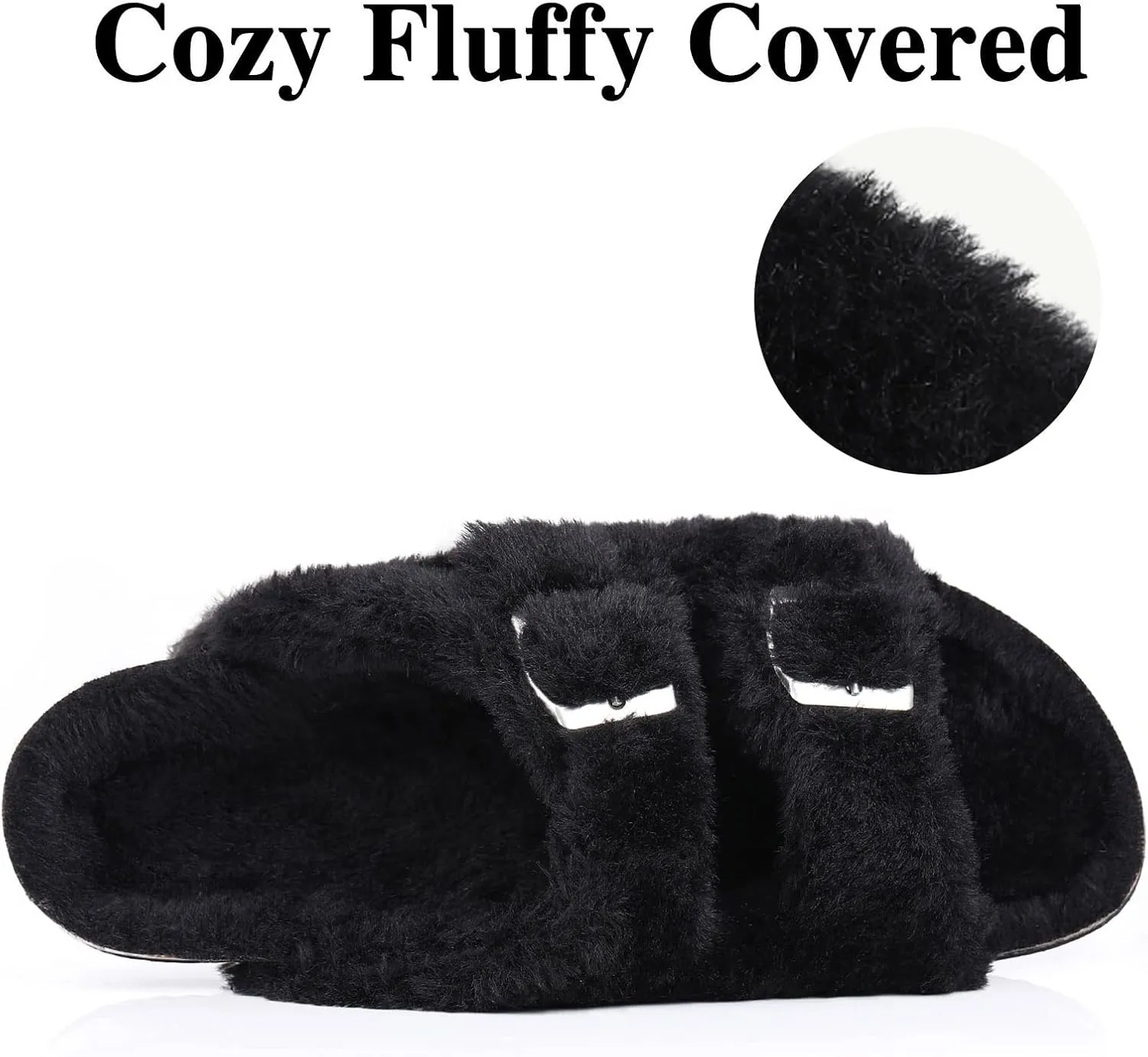 KIDMI Fuzzy Slippers Women with Cork Footbed Fluffy Slides Open Toe Indoor House Shoes | Arch Support | Adjustable Buckles