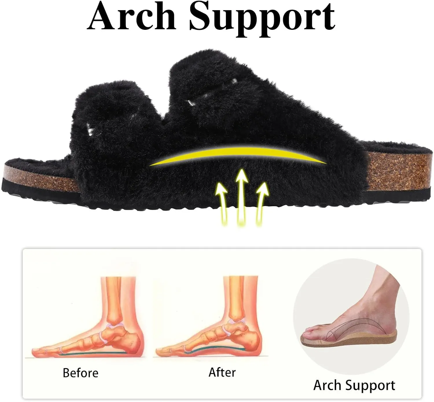 KIDMI Fuzzy Slippers Women with Cork Footbed Fluffy Slides Open Toe Indoor House Shoes | Arch Support | Adjustable Buckles