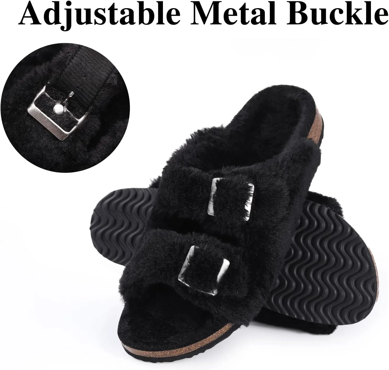 KIDMI Fuzzy Slippers Women with Cork Footbed Fluffy Slides Open Toe Indoor House Shoes | Arch Support | Adjustable Buckles