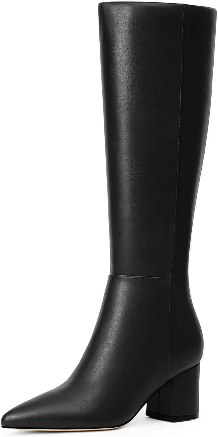 Knee High Boots for Women Chunky Heel Pointed Toe Boots Side Zipper Long Boots