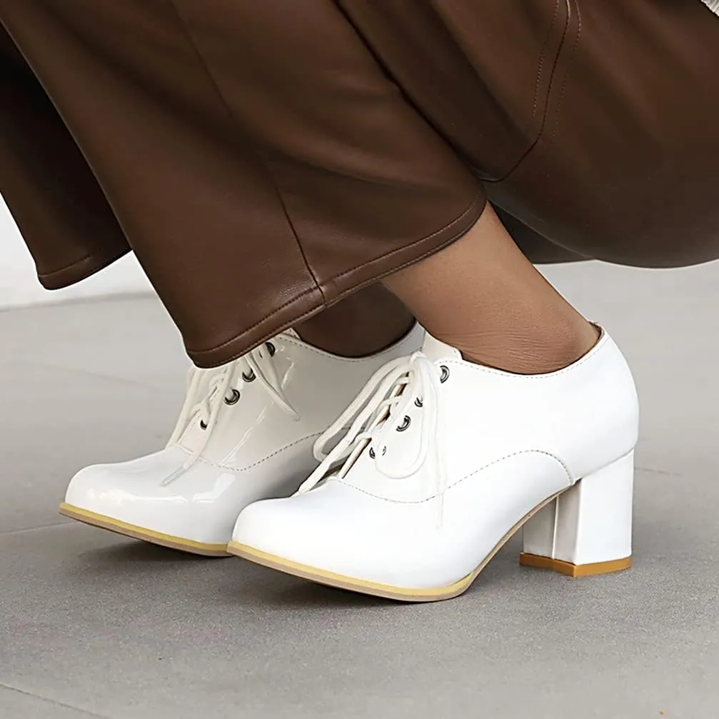 KOKOMOMO Womens Wingtip Shoes Patent Leather Lace Up Oxford Heels Chunky Brogue Shoes