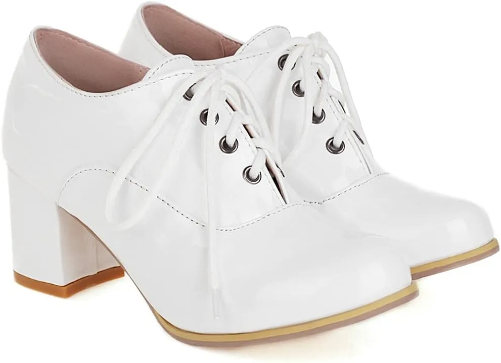 KOKOMOMO Womens Wingtip Shoes Patent Leather Lace Up Oxford Heels Chunky Brogue Shoes