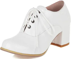 KOKOMOMO Womens Wingtip Shoes Patent Leather Lace Up Oxford Heels Chunky Brogue Shoes