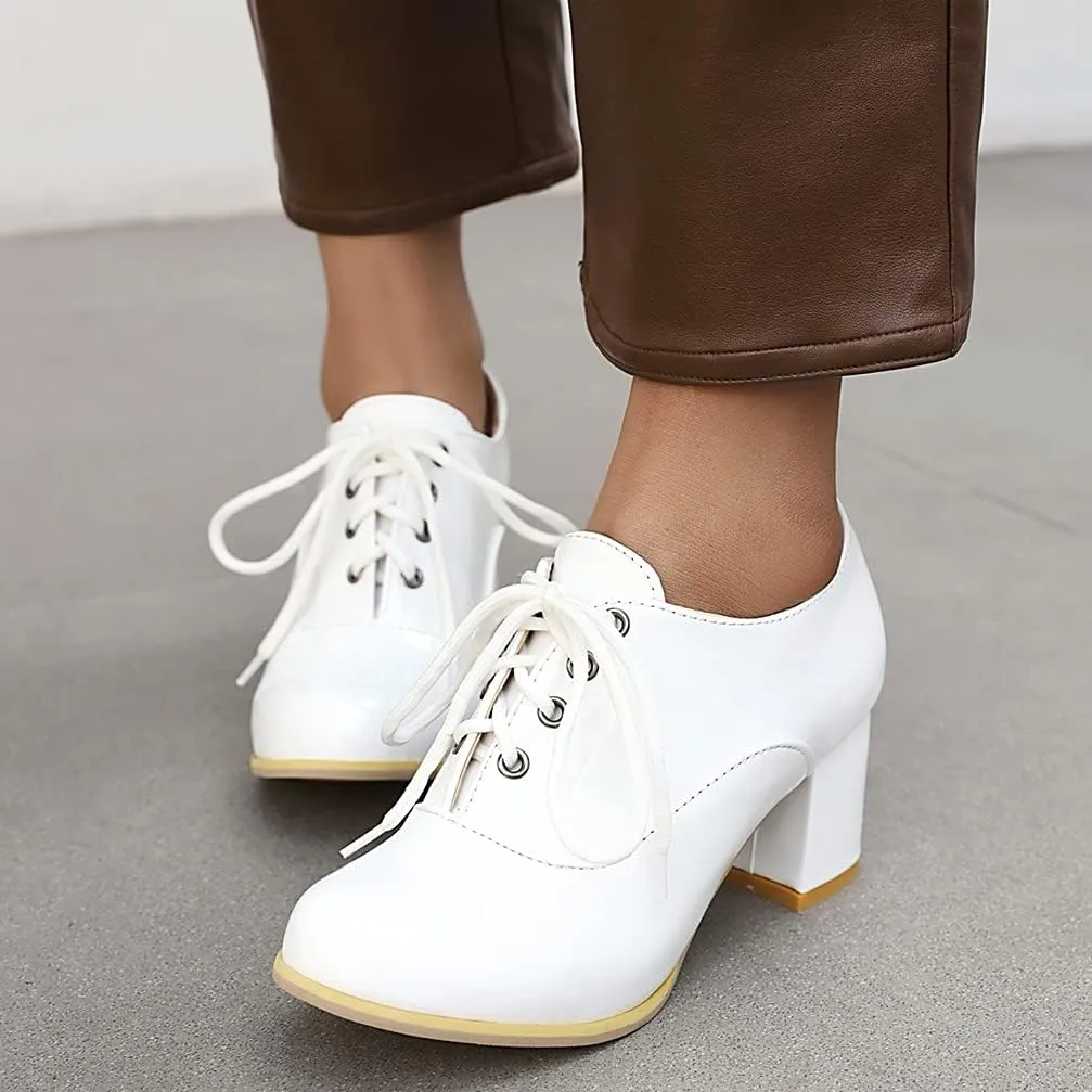 KOKOMOMO Womens Wingtip Shoes Patent Leather Lace Up Oxford Heels Chunky Brogue Shoes