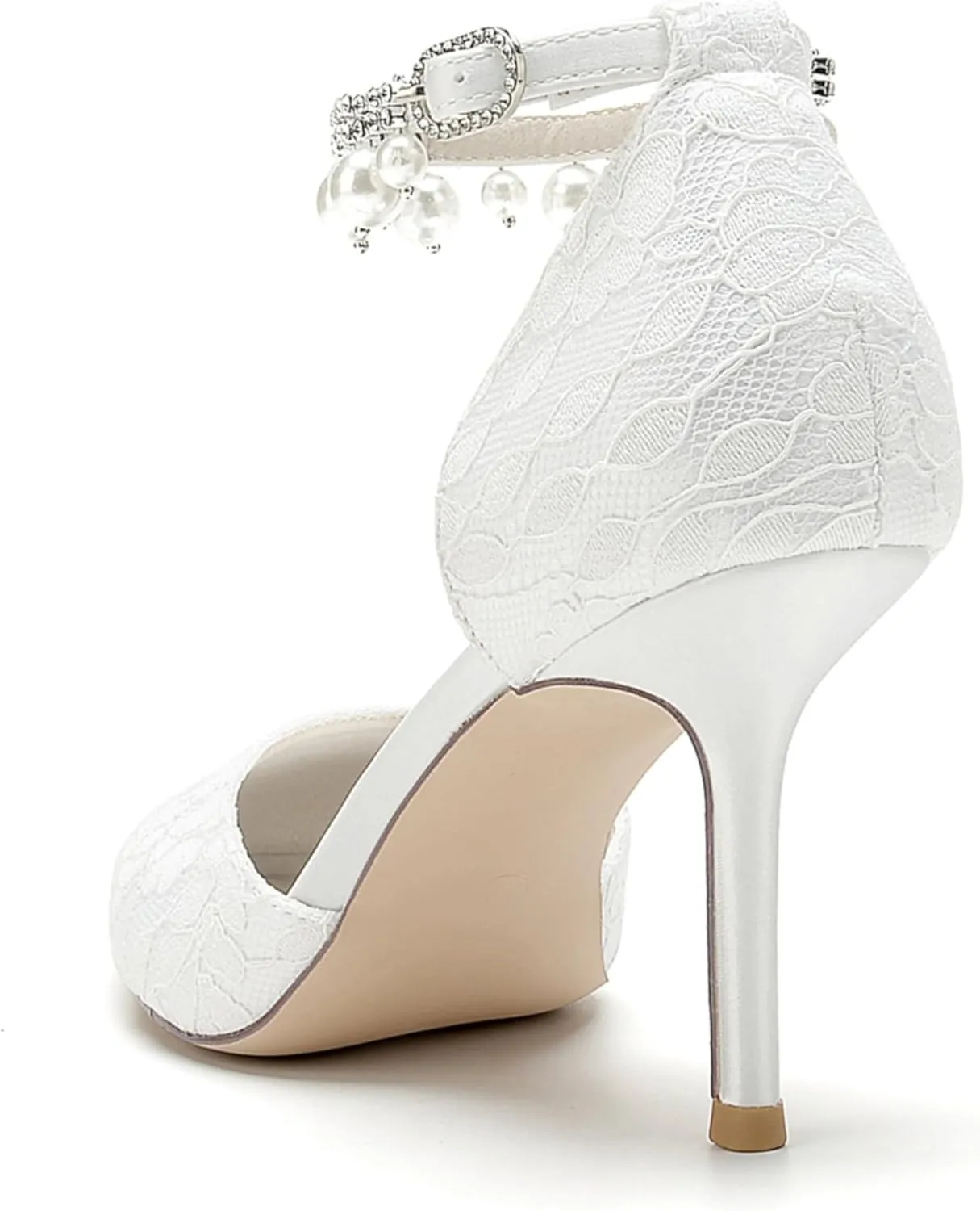 Lace Pearl Wedding Shoes for Bride Pointed Toe Ankle Buckle Strap Bridesmaid High Heels Women Bridal Party Pumps 8.5Cm