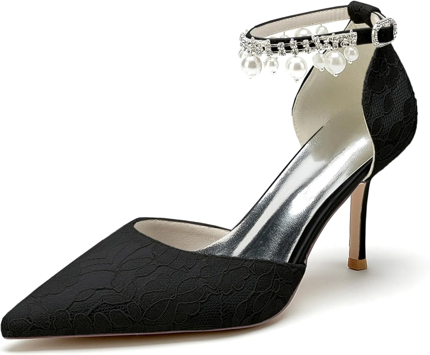 Lace Pearl Wedding Shoes for Bride Pointed Toe Ankle Buckle Strap Bridesmaid High Heels Women Bridal Party Pumps 8.5Cm