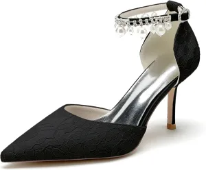 Lace Pearl Wedding Shoes for Bride Pointed Toe Ankle Buckle Strap Bridesmaid High Heels Women Bridal Party Pumps 8.5Cm