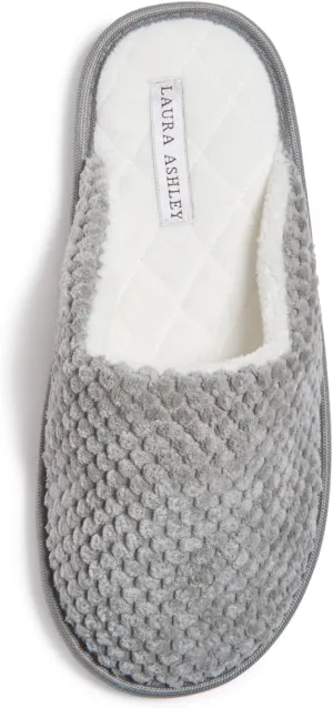 Laura Ashley Womens Plush Memory Foam Scuff Slippers, Fluffy Warm Micro Terry House Shoes, Comfy Slip On Bedroom Slipper