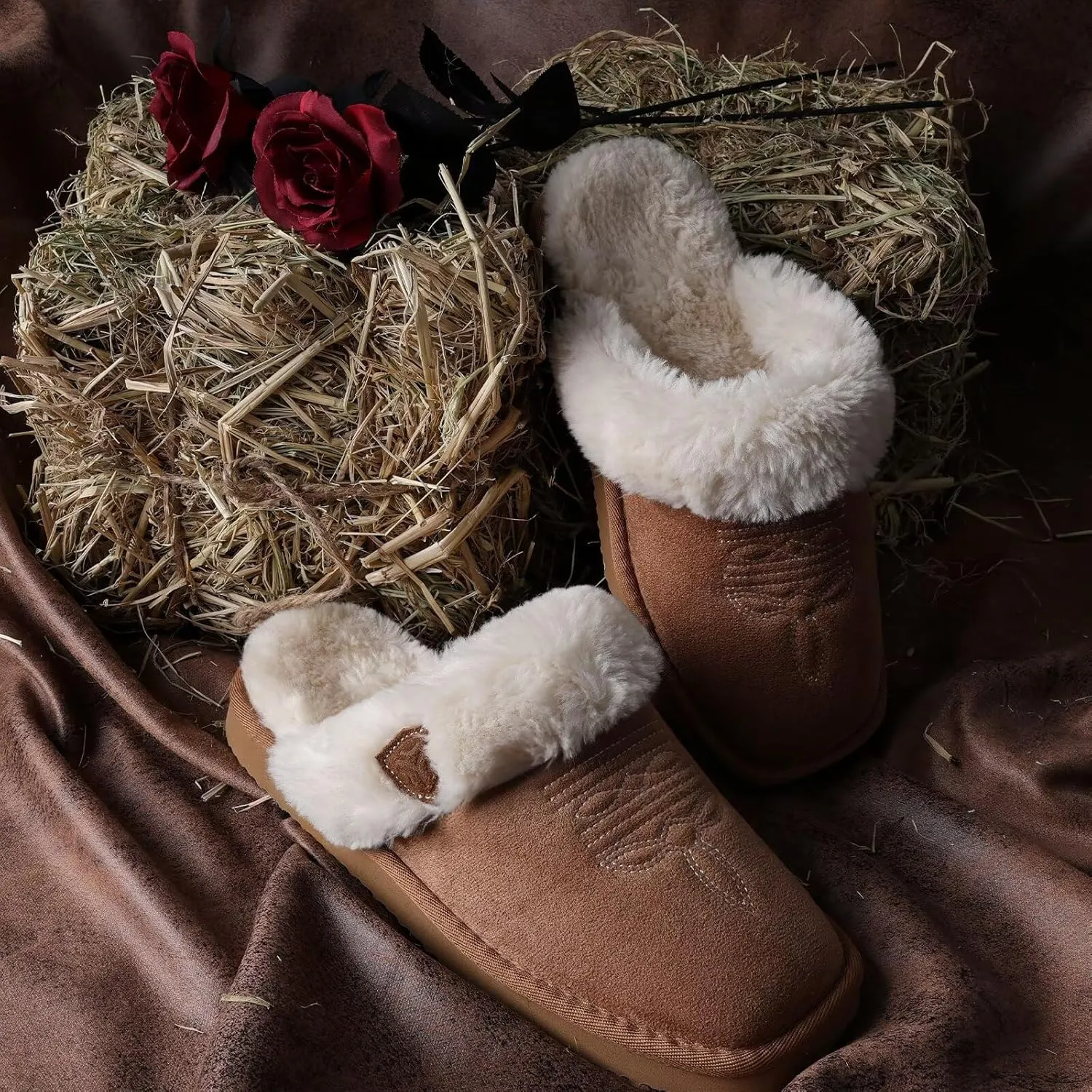 LBF Fuzzy Western Slippers for Women Comfy Winter Fluffy House Cowgirl Boot Slippers with Memory Foam Indoor Outdoor Square Toe
