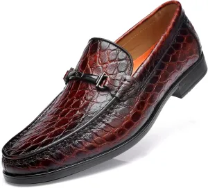 Leather Dress Shoes for Men, Classic Crocodile Printed Leather Slip-on Bit Loafer Shoes for Men