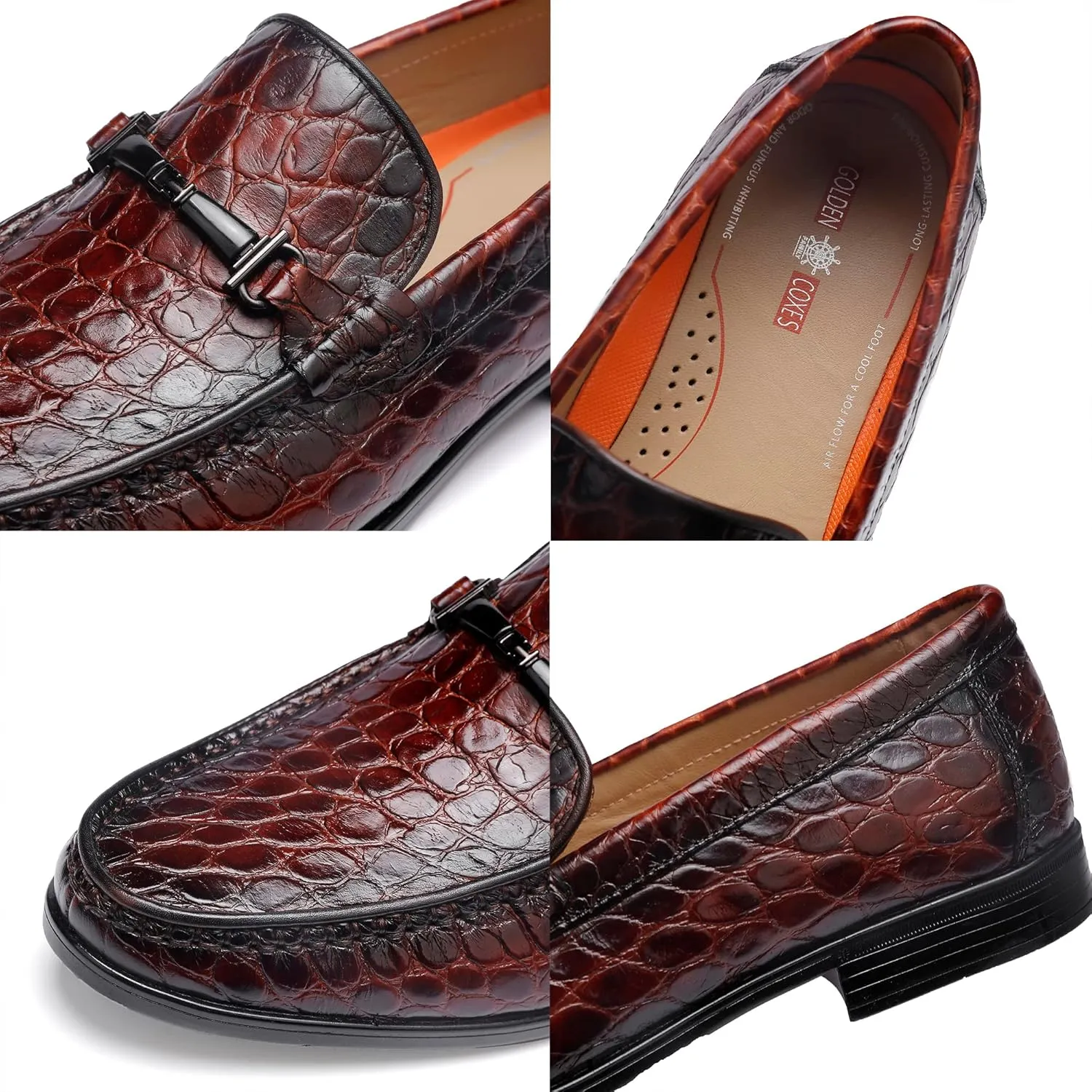 Leather Dress Shoes for Men, Classic Crocodile Printed Leather Slip-on Bit Loafer Shoes for Men