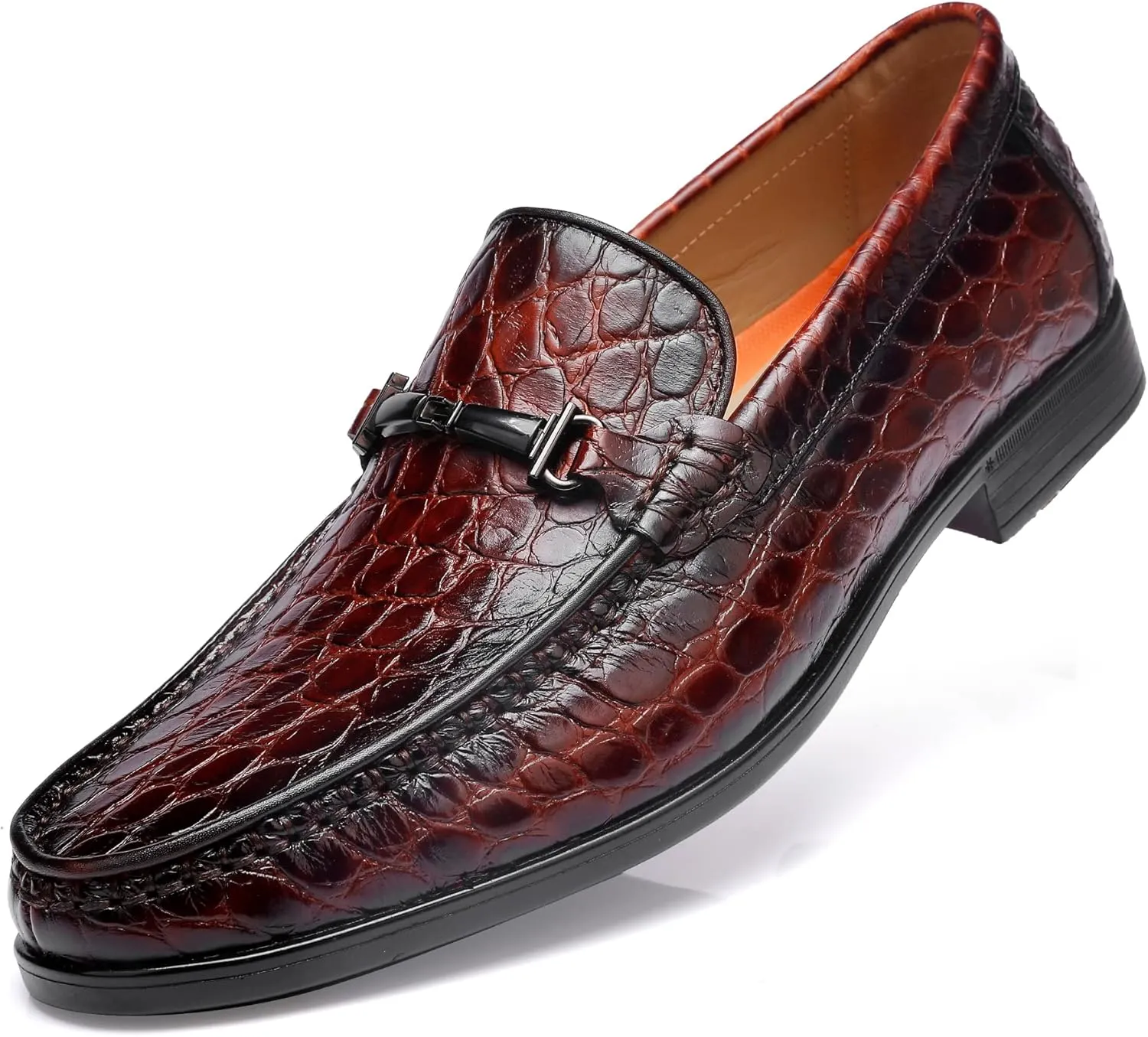 Leather Dress Shoes for Men, Classic Crocodile Printed Leather Slip-on Bit Loafer Shoes for Men