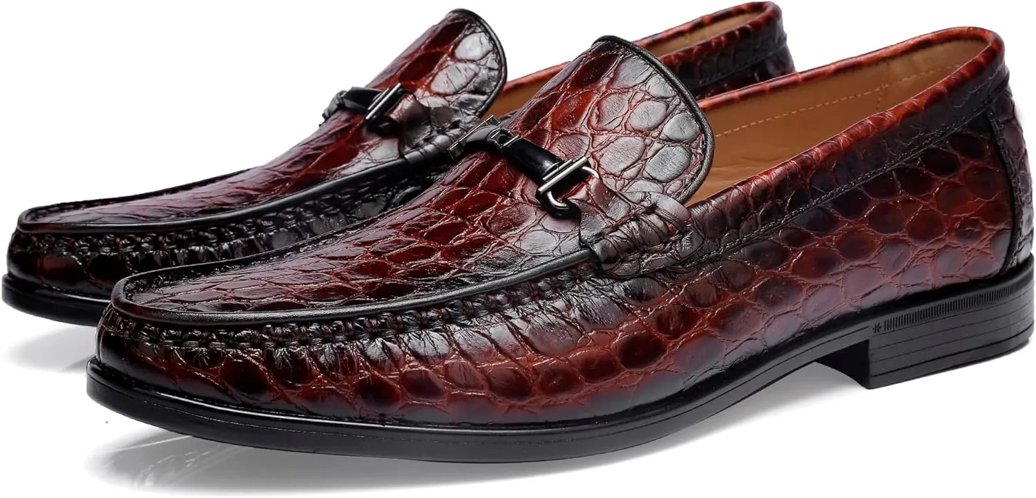 Leather Dress Shoes for Men, Classic Crocodile Printed Leather Slip-on Bit Loafer Shoes for Men