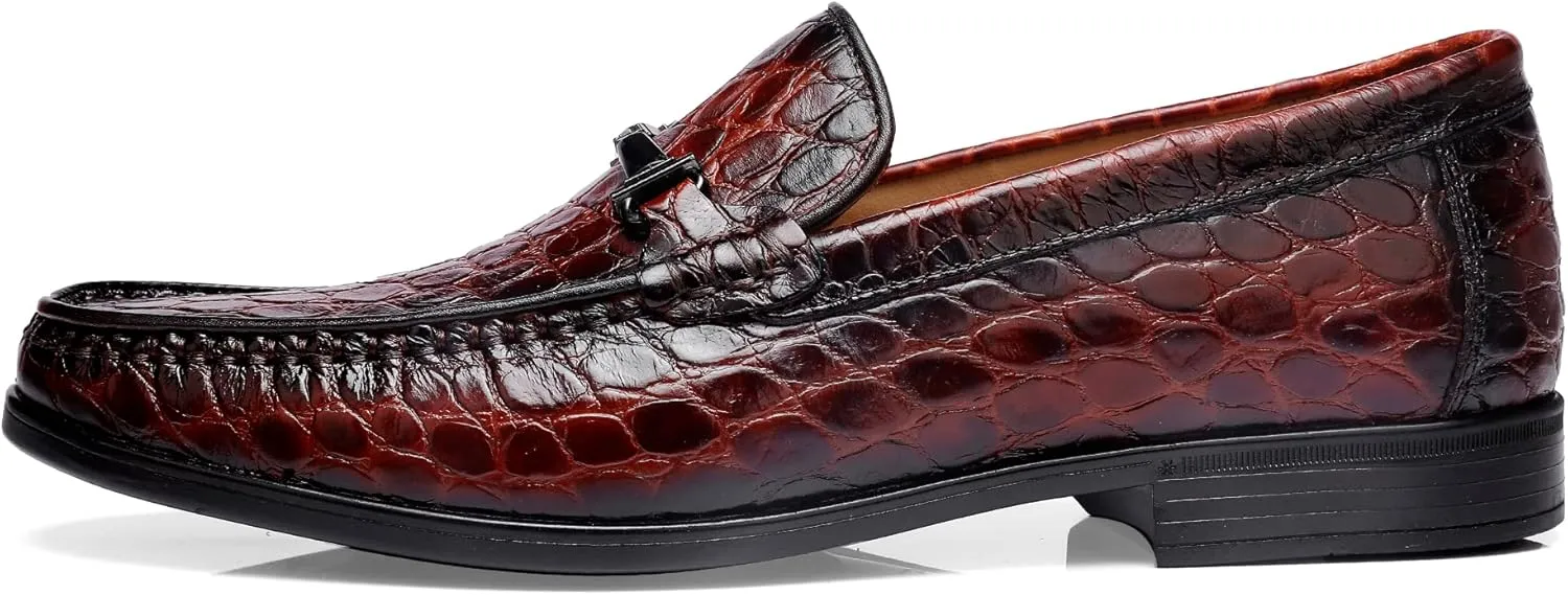 Leather Dress Shoes for Men, Classic Crocodile Printed Leather Slip-on Bit Loafer Shoes for Men