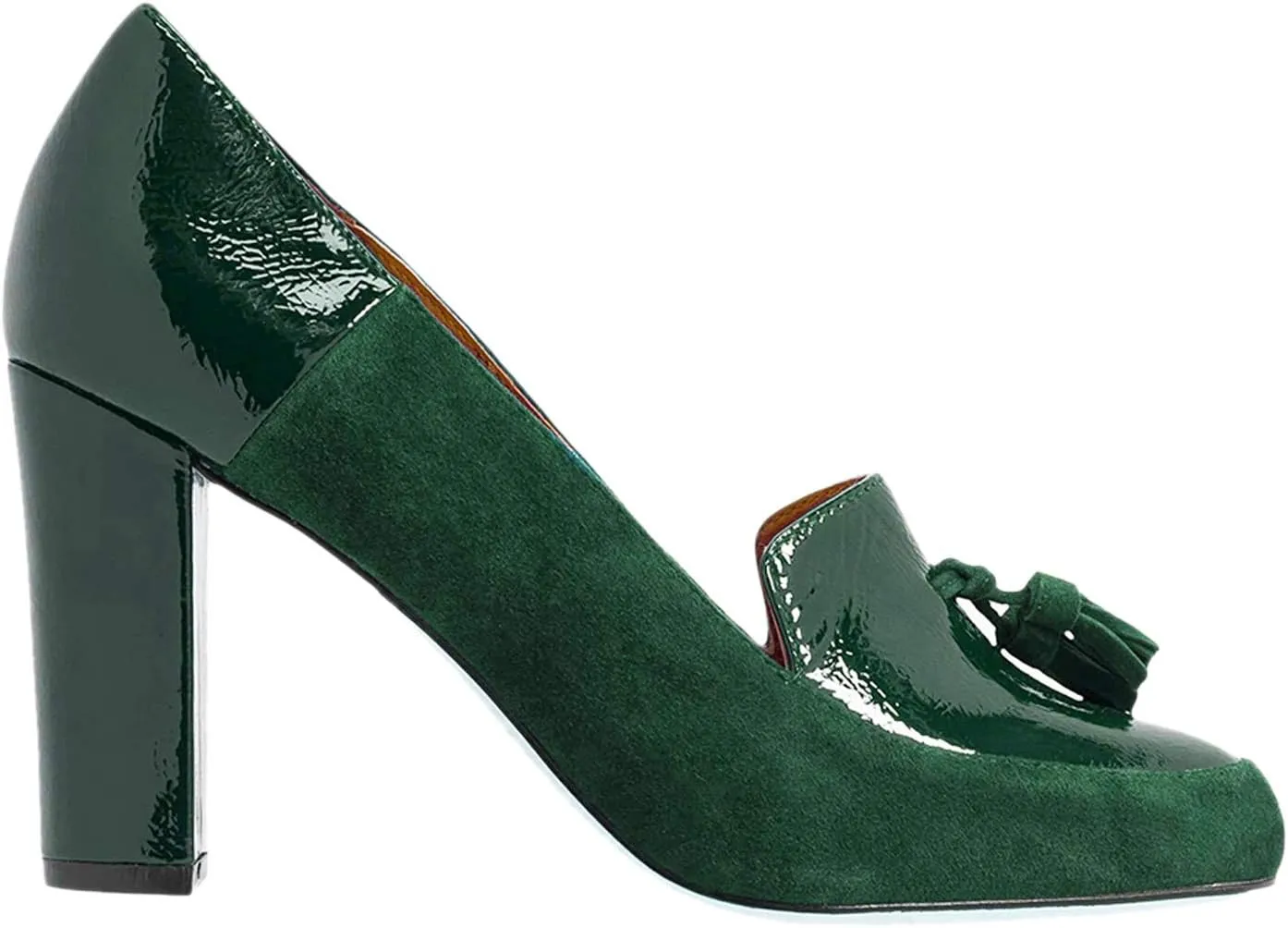 LEHOOR Women Chunky Block High Heel Fringed Pumps Round Toe, Slip On Dress Loafers with Tassel Suede Patent Leather Patchwork for Ladies Girls Office 4-15 M US
