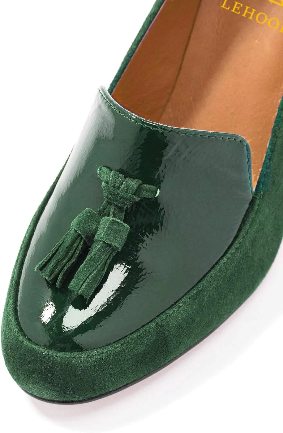 LEHOOR Women Chunky Block High Heel Fringed Pumps Round Toe, Slip On Dress Loafers with Tassel Suede Patent Leather Patchwork for Ladies Girls Office 4-15 M US