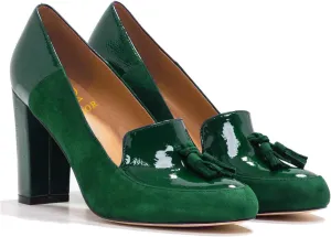 LEHOOR Women Chunky Block High Heel Fringed Pumps Round Toe, Slip On Dress Loafers with Tassel Suede Patent Leather Patchwork for Ladies Girls Office 4-15 M US