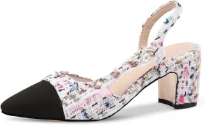 LinnOaks Slingback Heels for Women Round Closed Toe Pumps Two Tone Chunky Mid Heel Wedding Party Dress Shoes Ladies Fashion Patchwork Mary Jane Heels Multicolor Classic Comfy Tweed Heels Office Shoes