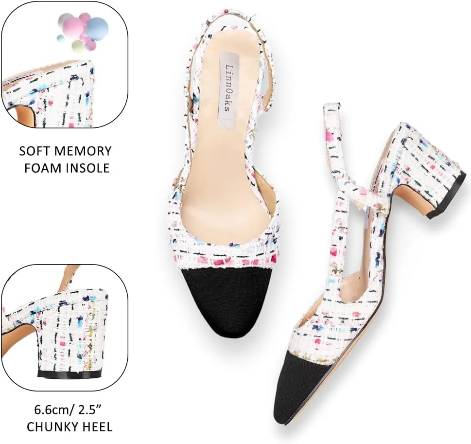 LinnOaks Slingback Heels for Women Round Closed Toe Pumps Two Tone Chunky Mid Heel Wedding Party Dress Shoes Ladies Fashion Patchwork Mary Jane Heels Multicolor Classic Comfy Tweed Heels Office Shoes