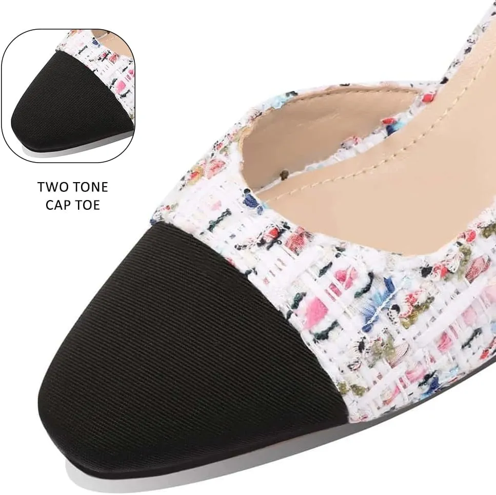 LinnOaks Slingback Heels for Women Round Closed Toe Pumps Two Tone Chunky Mid Heel Wedding Party Dress Shoes Ladies Fashion Patchwork Mary Jane Heels Multicolor Classic Comfy Tweed Heels Office Shoes