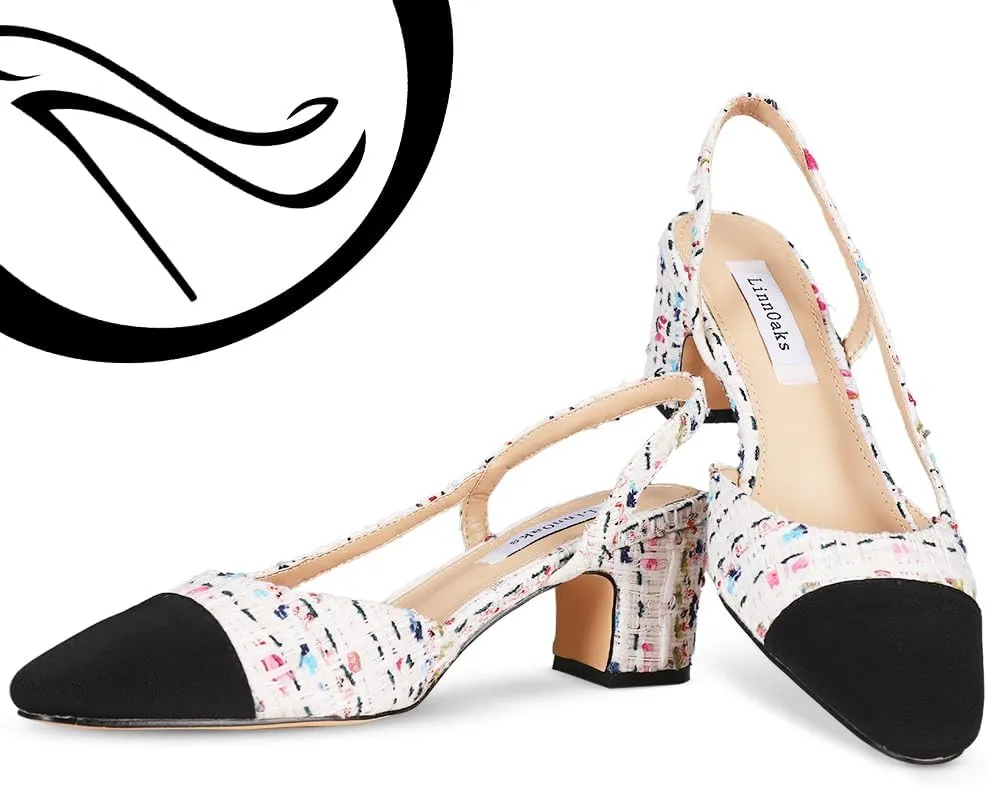 LinnOaks Slingback Heels for Women Round Closed Toe Pumps Two Tone Chunky Mid Heel Wedding Party Dress Shoes Ladies Fashion Patchwork Mary Jane Heels Multicolor Classic Comfy Tweed Heels Office Shoes