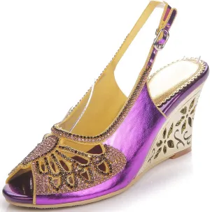 LizFoYa Women Open Toe Cutout Dress Sandals Rhinestone Butterfly Wedding Wedge Heels