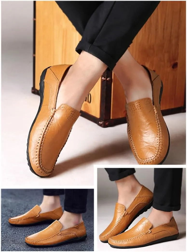 LOUECHY Men's Leather Slip-On Loafer Lightweight Driving Shoes Casual Moccasin Slipper