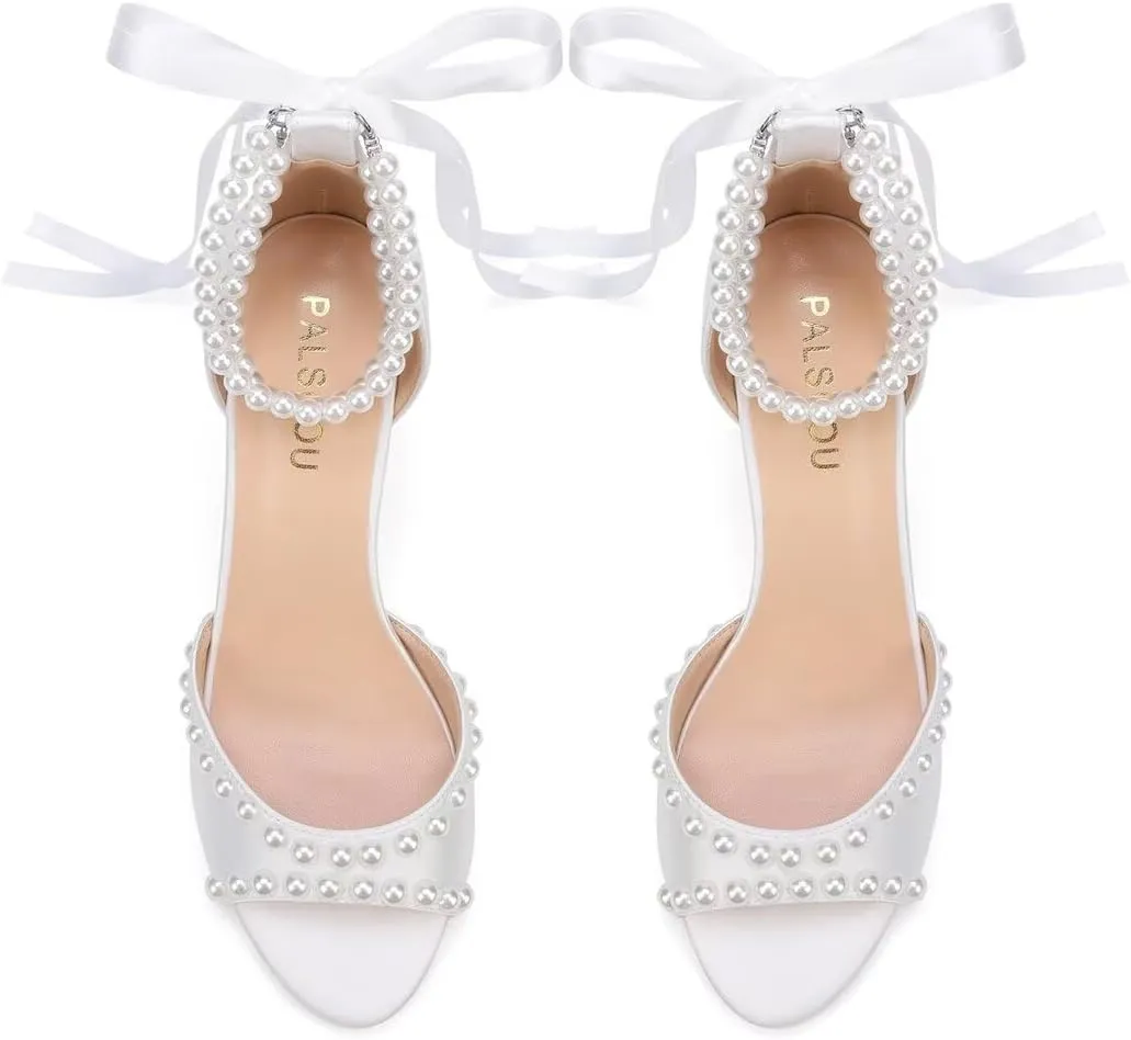 Low Heel Wedding Shoes for Bride Pearl Heels Bridal Shoes Women Wedding Sandals