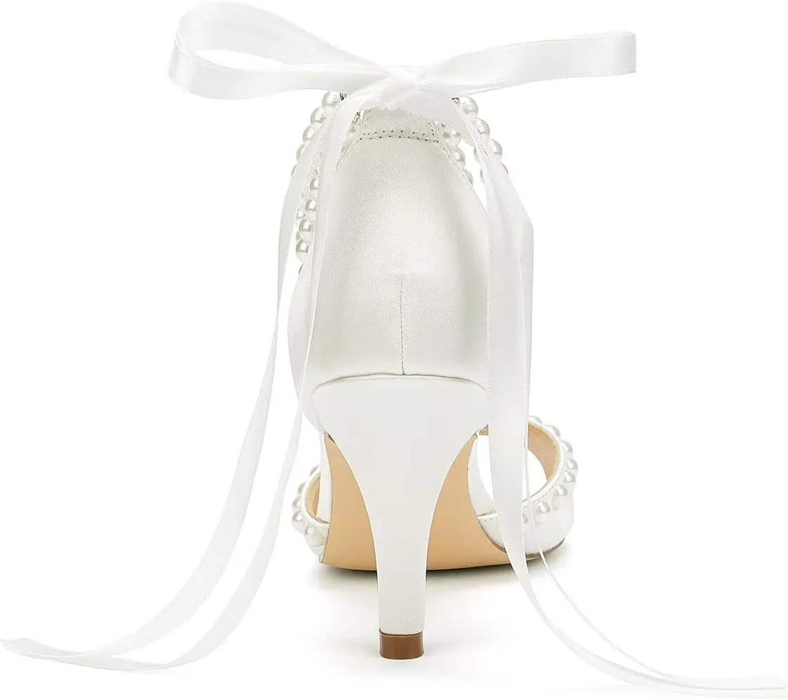 Low Heel Wedding Shoes for Bride Pearl Heels Bridal Shoes Women Wedding Sandals