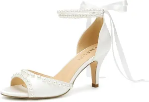 Low Heel Wedding Shoes for Bride Pearl Heels Bridal Shoes Women Wedding Sandals